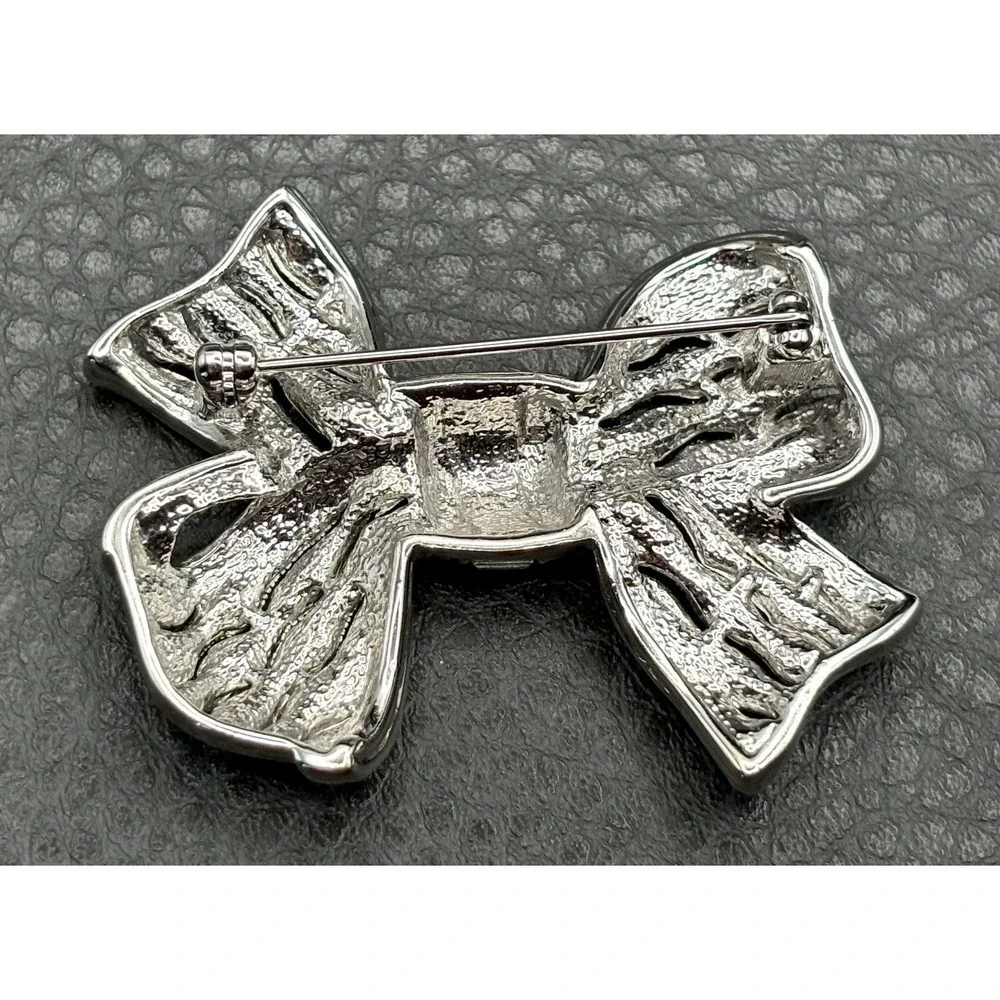 Vintage 90s Gold Tone Silver Tone Rhinestone Bow Brooch Pin Art Deco Revival